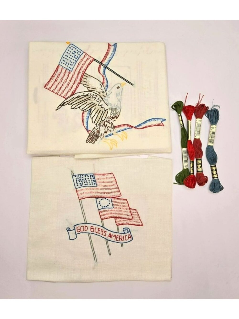 Patriotic Embroidered Linen Panels and DMC Embroidery Floss Bundle CM2295